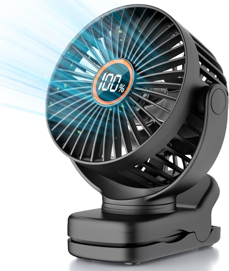 TUNISE Mini Clip on Fan, Battery Operated Desk Fan, Digital display，3 Speeds Adjustable, Bidirectional 360 ° Adjustable, Super Strong Wind, Portable Fan for Home Office Stroller Camping Black - Image 1
